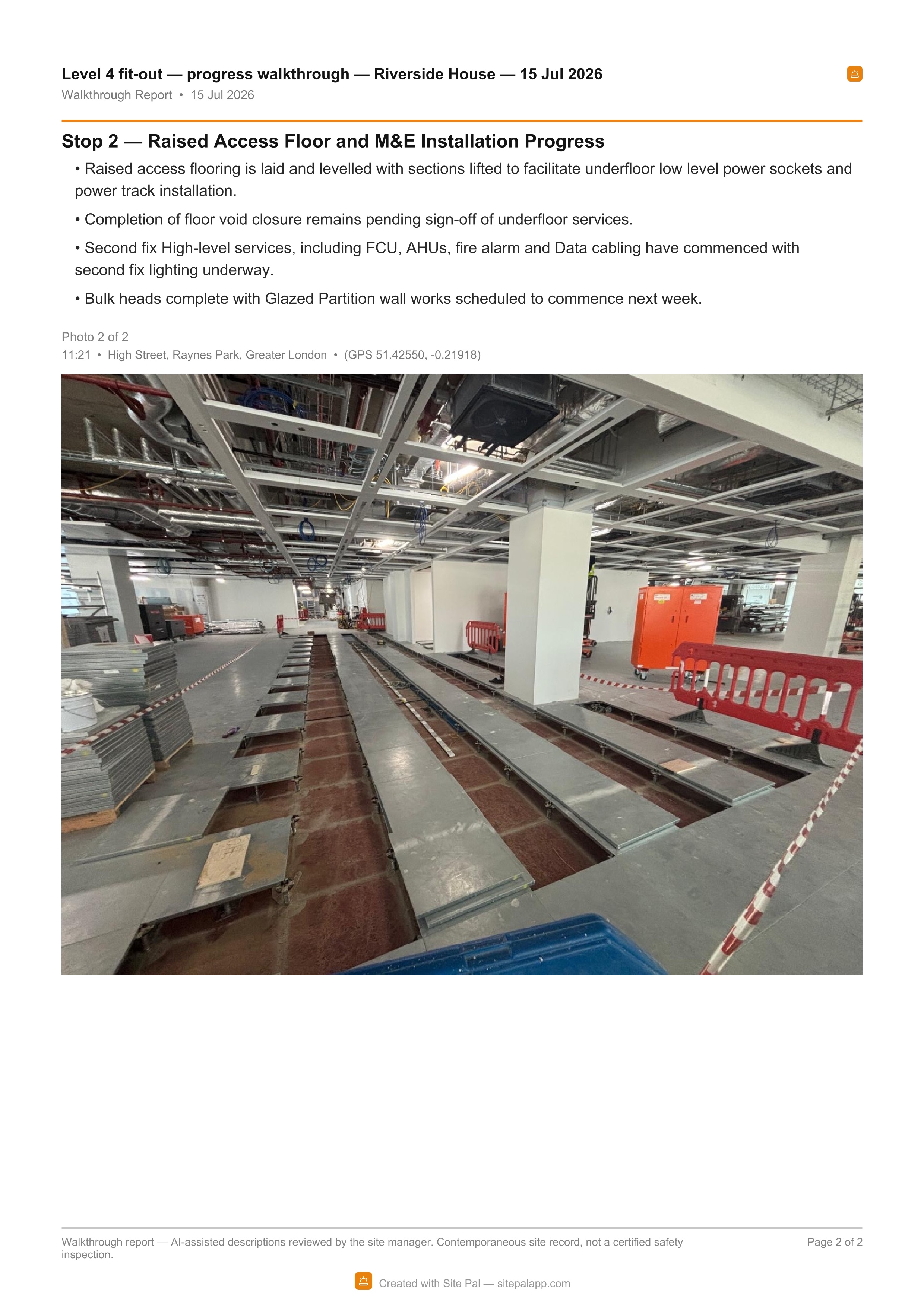 A Site Pal progress report PDF showing raised access floor and M&E progress