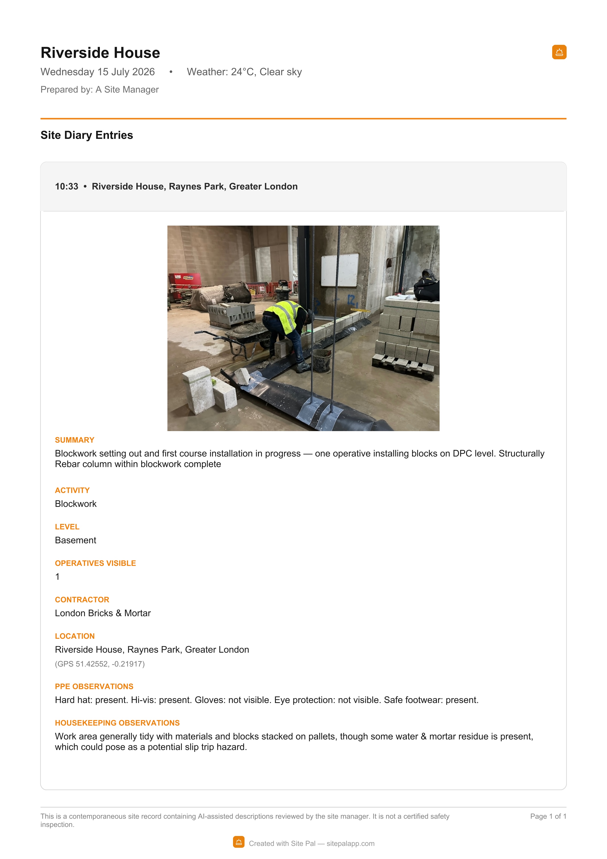 Site Pal site diary PDF report