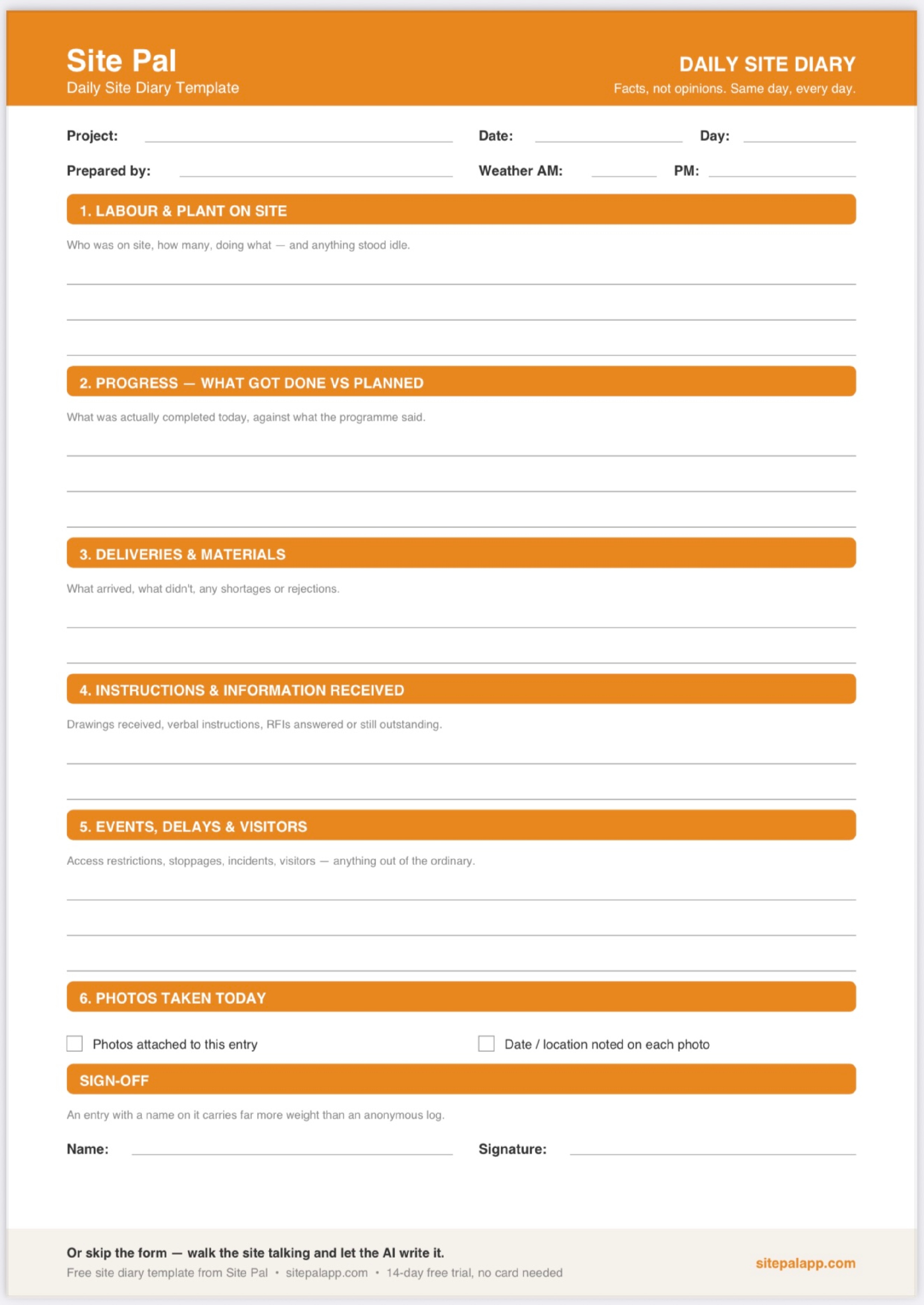 Free site diary template preview