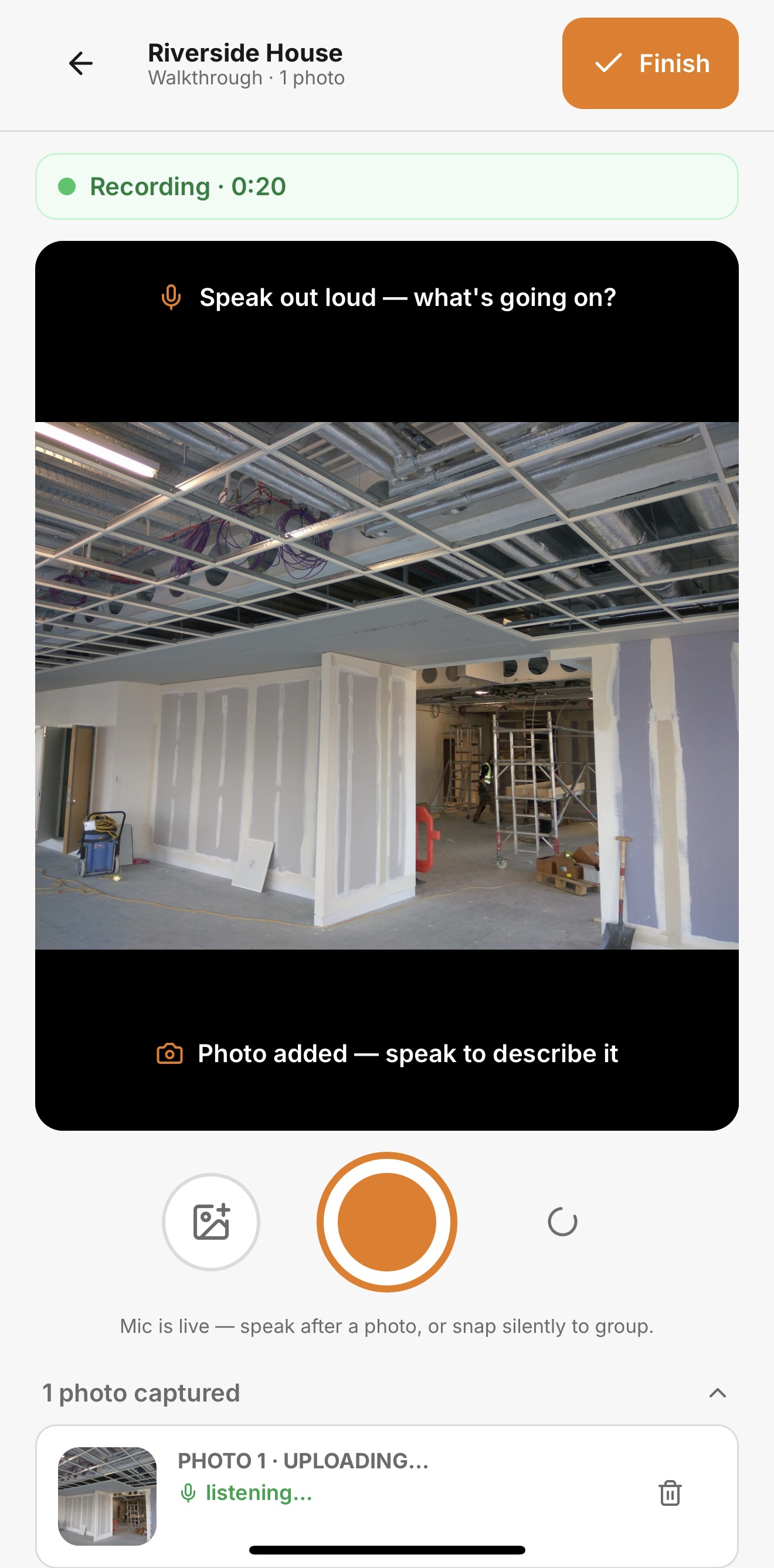 Site Pal Walkthrough Mode recording on site with a photo captured