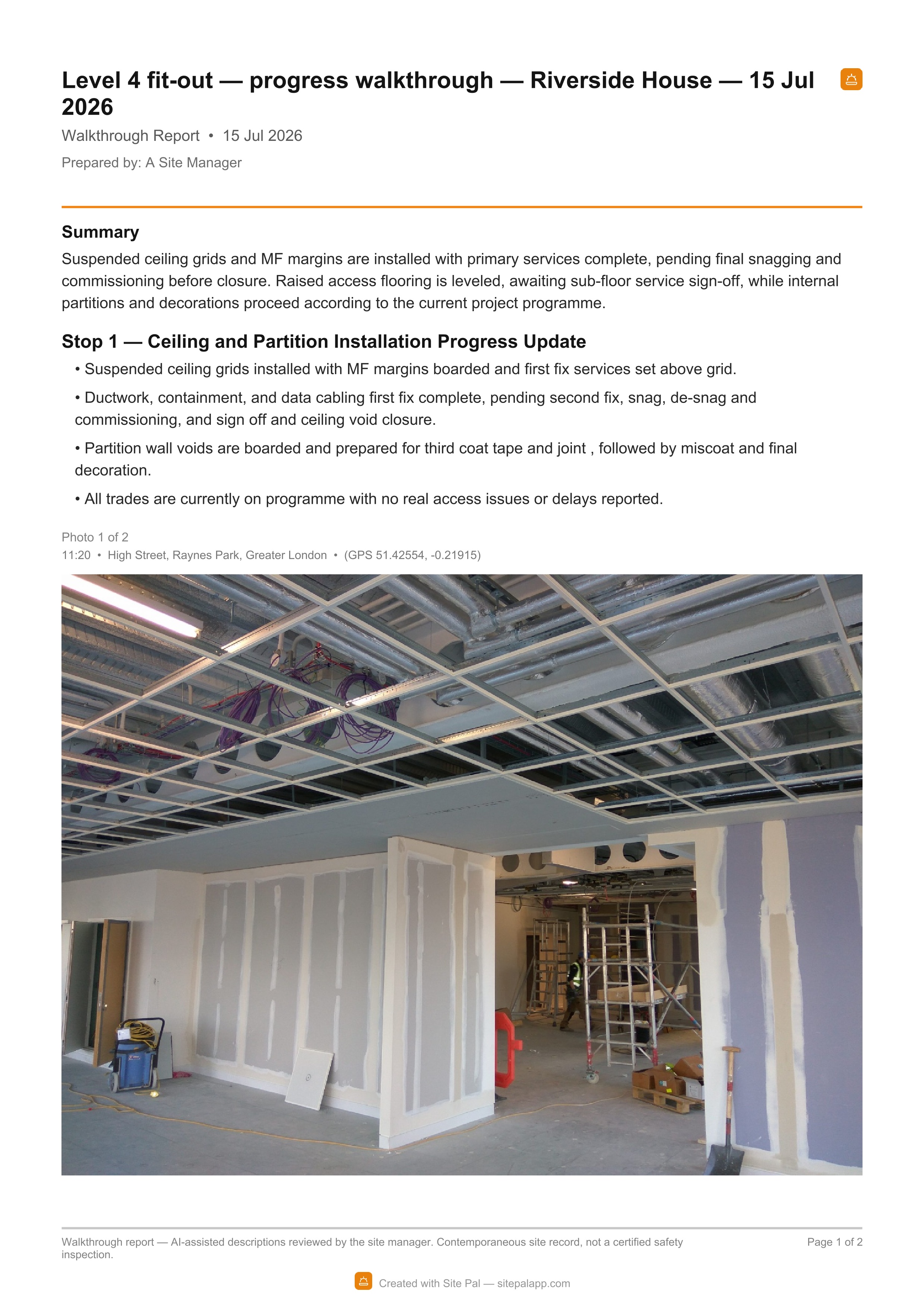 A Site Pal progress report PDF showing ceiling and partition installation progress